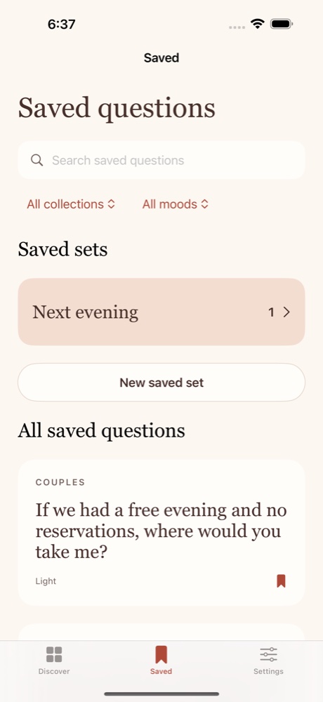 Paloma Saved screen showing question search, filters, and a saved set